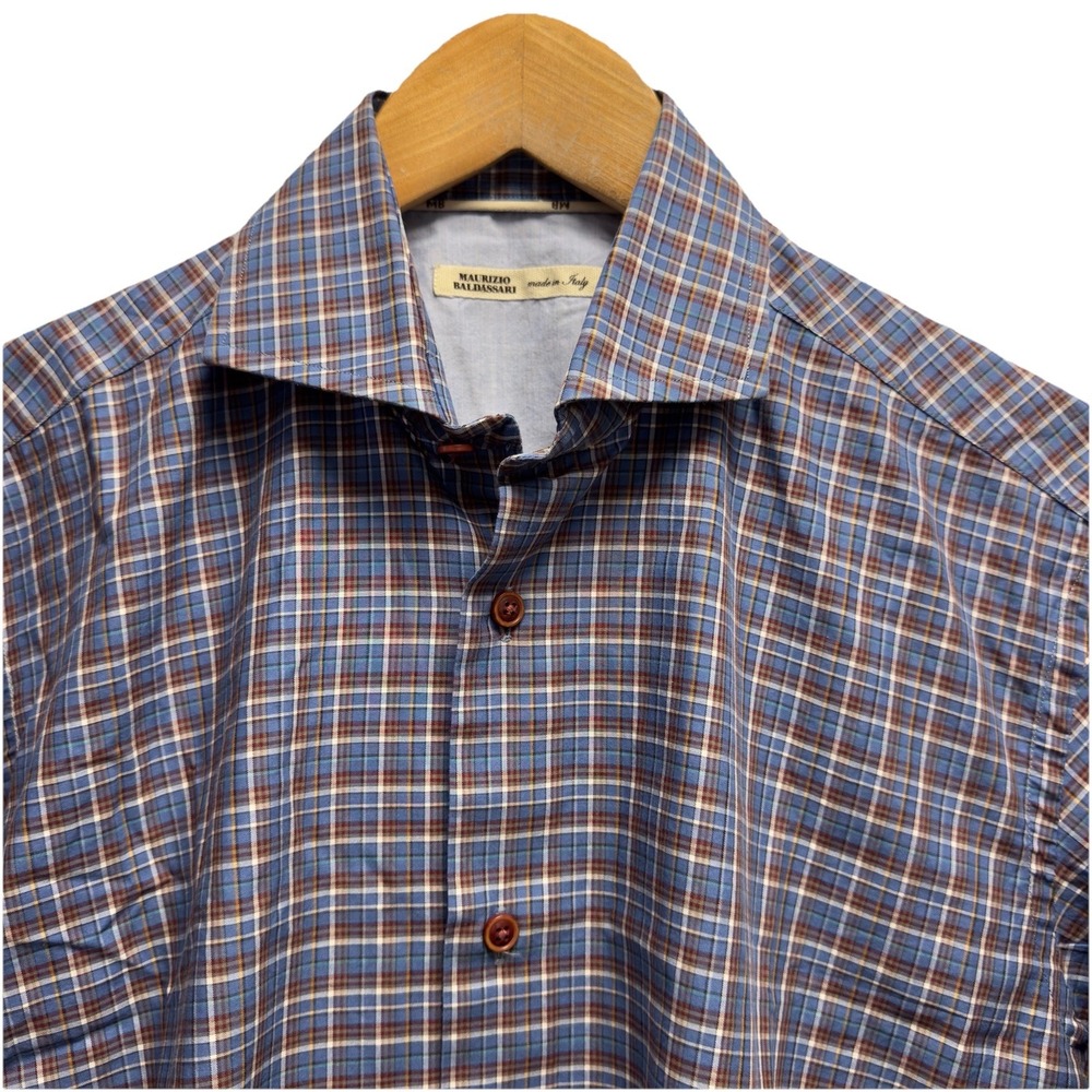 Maurizio Baldassari Mens Size S Blue/Red Plaid Button Front Cutaway Collar Shirt